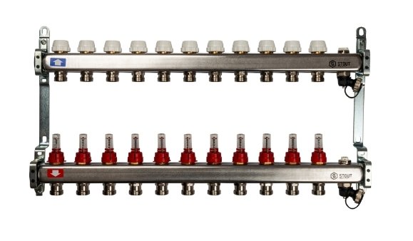 Коллекторный блок STOUT 1"х11х3/4 с расходомерами Коллекторный блок STOUT 1"х11х3/4 с расходомерами