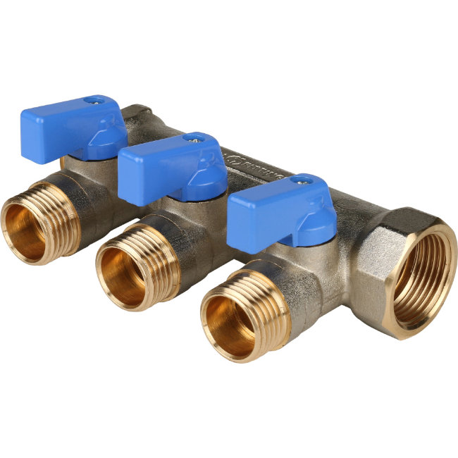 Коллектор с шаровыми кранами STOUT 3/4"х3х1/2" синие ручки SMB 6201 341203 Коллектор с шаровыми кранами STOUT 3/4"х3х1/2" синие ручки SMB 6201 341203